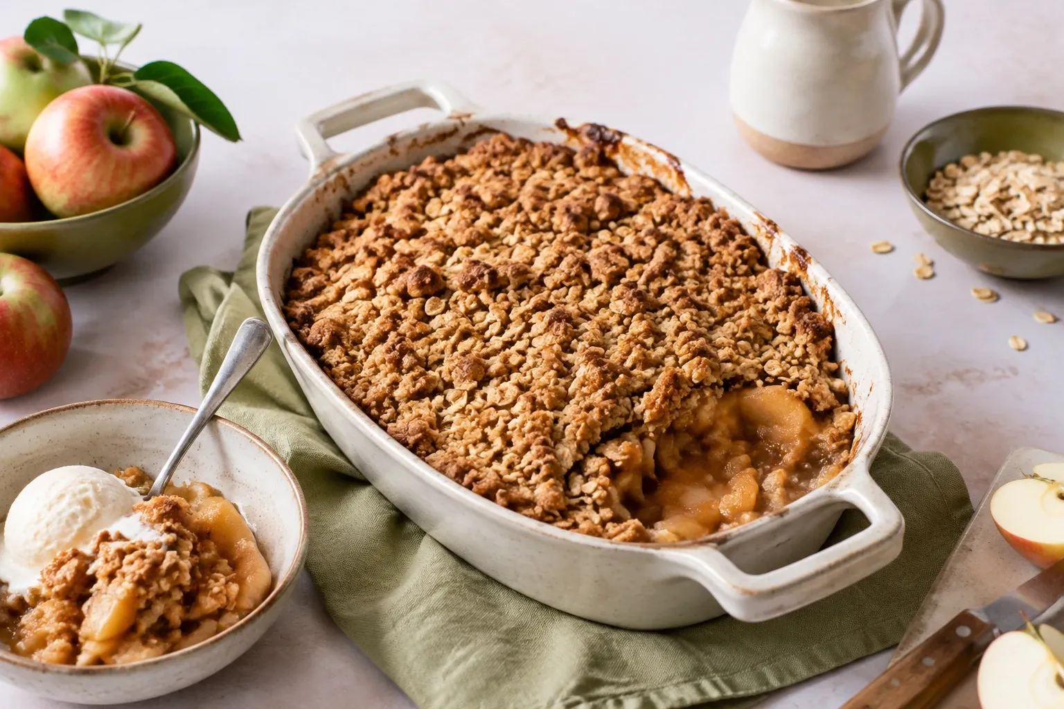 Ovenschaal met appelcrumble met havermout, stuk eruit geschept naast bolletje ijs