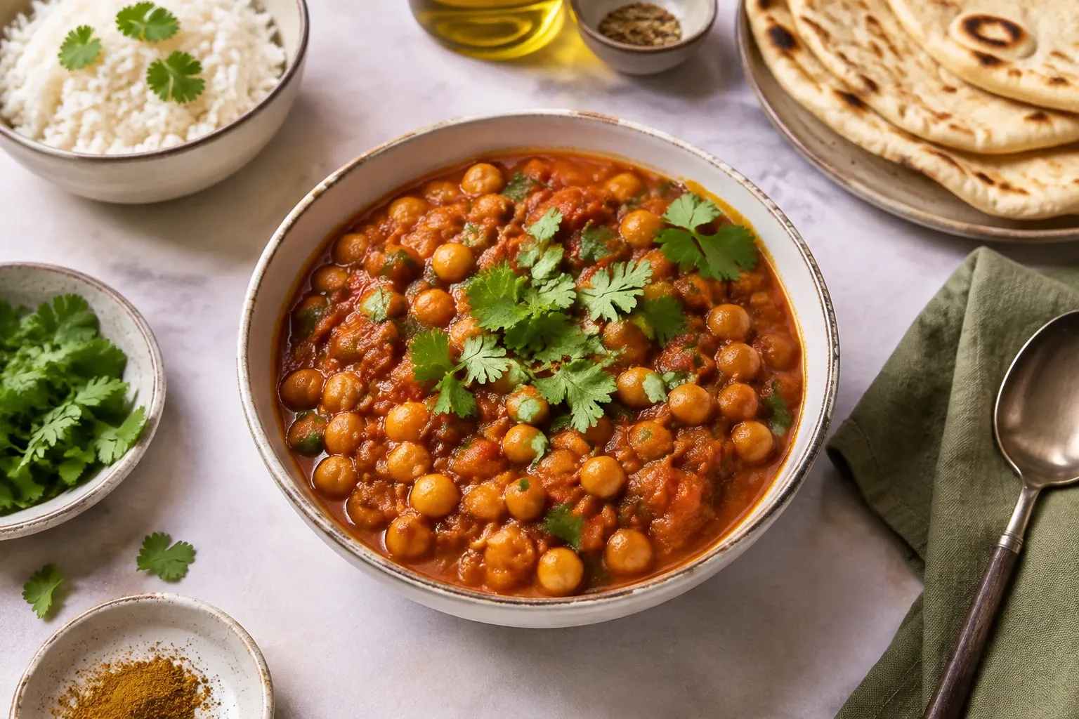 Komijnkleurige chana masala met koriander, rijst, naan en kruiden op tafel