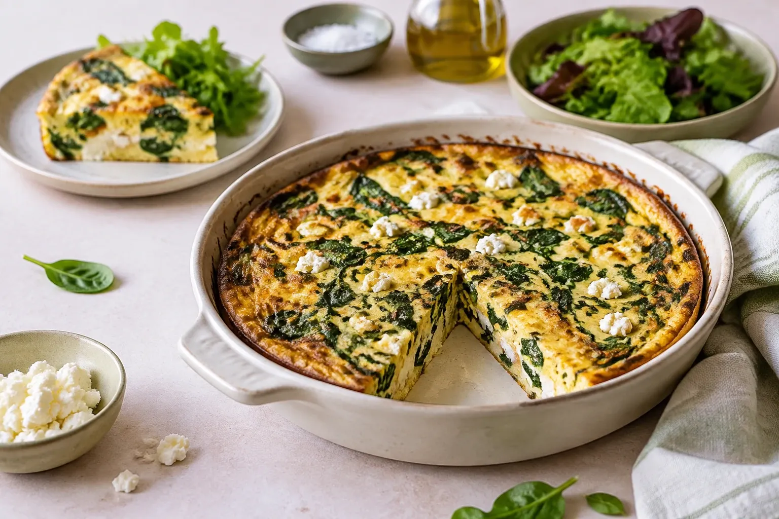 Goudbruine spinazie-frittata in ovenschaal, één stuk geserveerd met salade