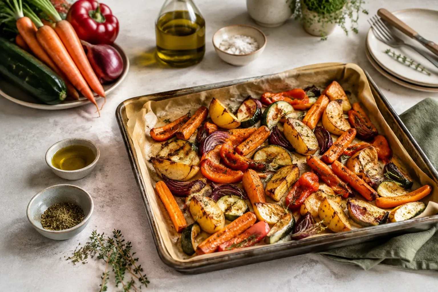 Geroosterde groenten in ovenschaal: wortel, paprika, courgette, rode ui en aardappel