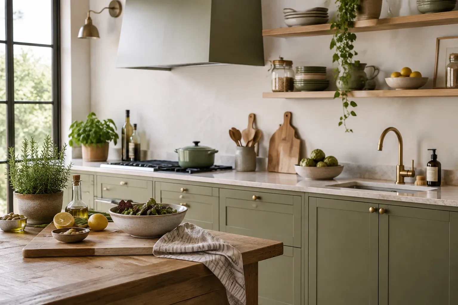 Lichte keuken met groene onderkasten, houten werkblad, kruiden en servies op open planken