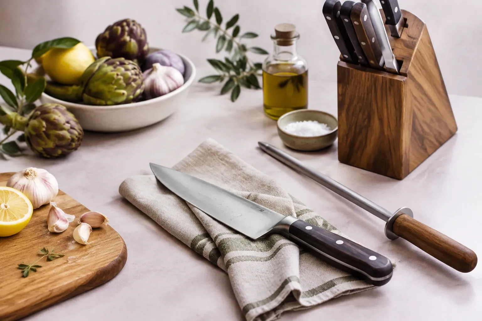 Grote koksmes en slijpstaaf op doek naast houten messenblok en ingrediënten