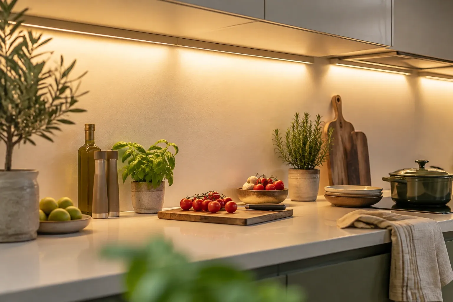 Warm verlichte keukenwerkblad met kruiden, snijplank, tomaten en kookpan