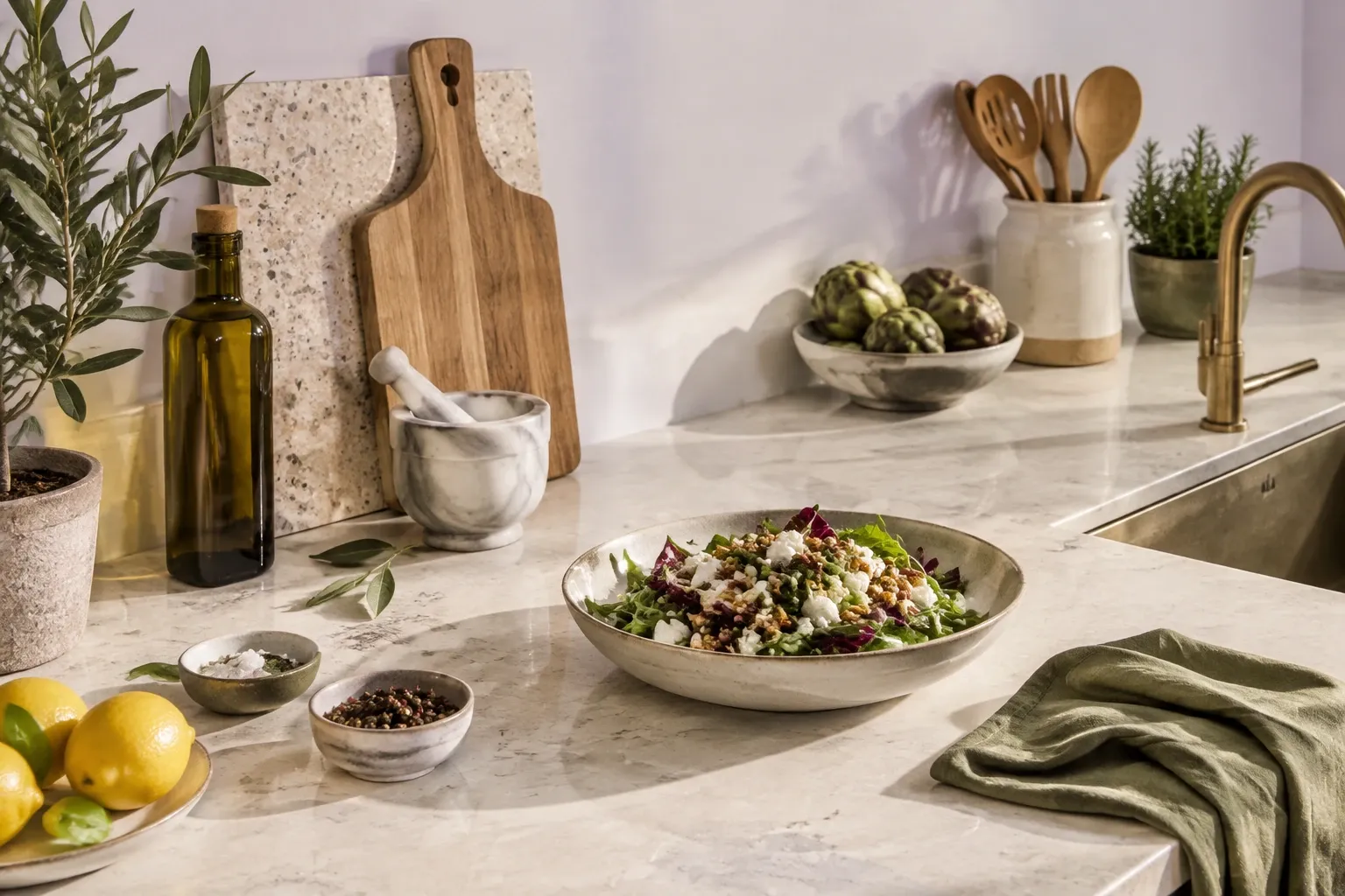 Witte marmeren keukenwerkblad met salade in schaal en keukengerei