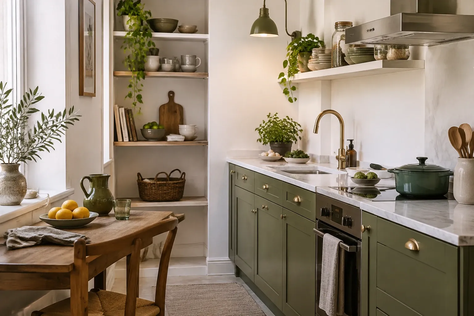 Kleine keuken met groene onderkasten, houten tafel, hangende lamp en planten