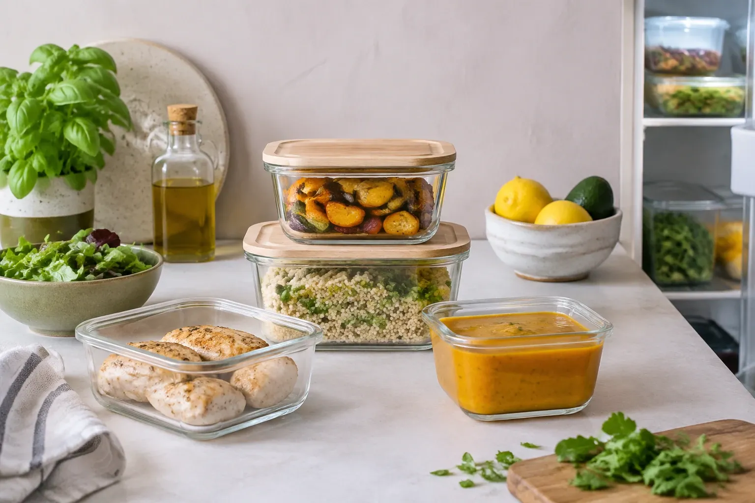 Glazen bewaarbakjes met restjes: kip, quinoa, geroosterde groenten en soep op aanrecht