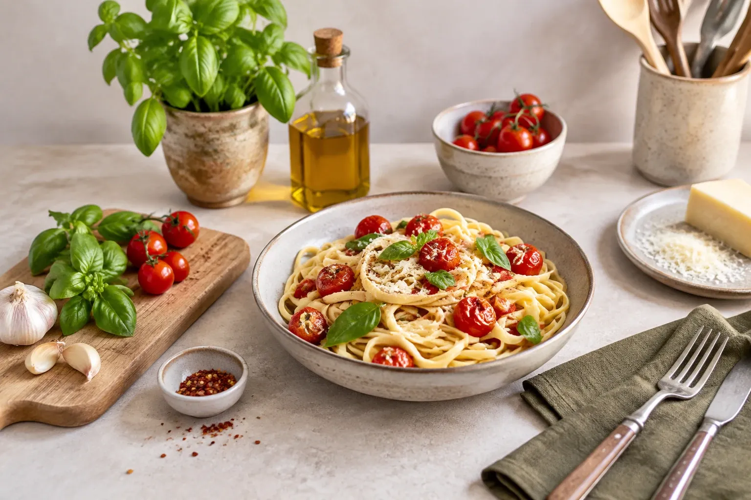 Bord tagliatelle met geroosterde cherrytomaten, basilicum en geraspte Parmezaanse kaas