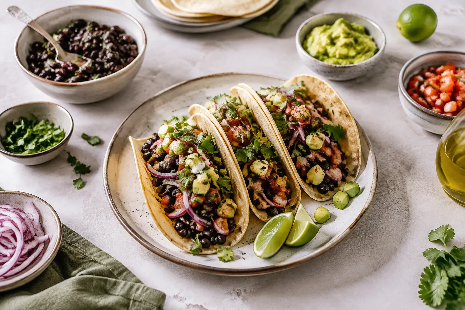 Drie vegetarische tacos met zwarte bonen, avocado, salsa en limoenpartjes op bord