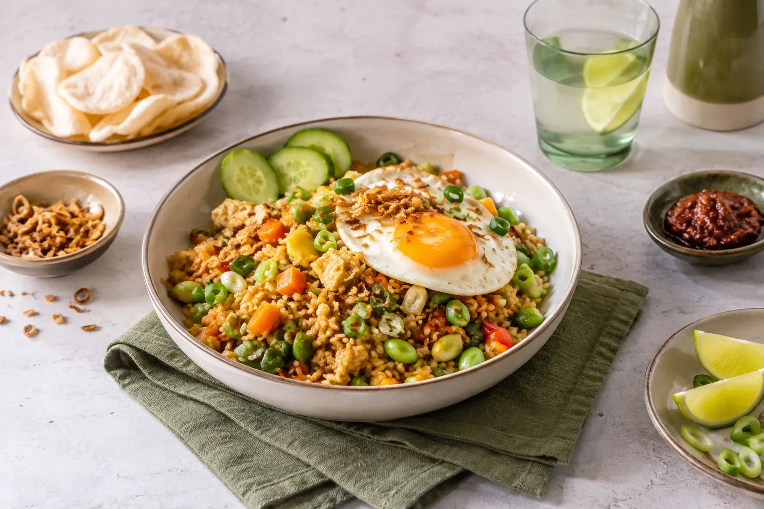 Vegetarische nasi goreng met gebakken ei, komkommer, kroepoek en limoenpartjes