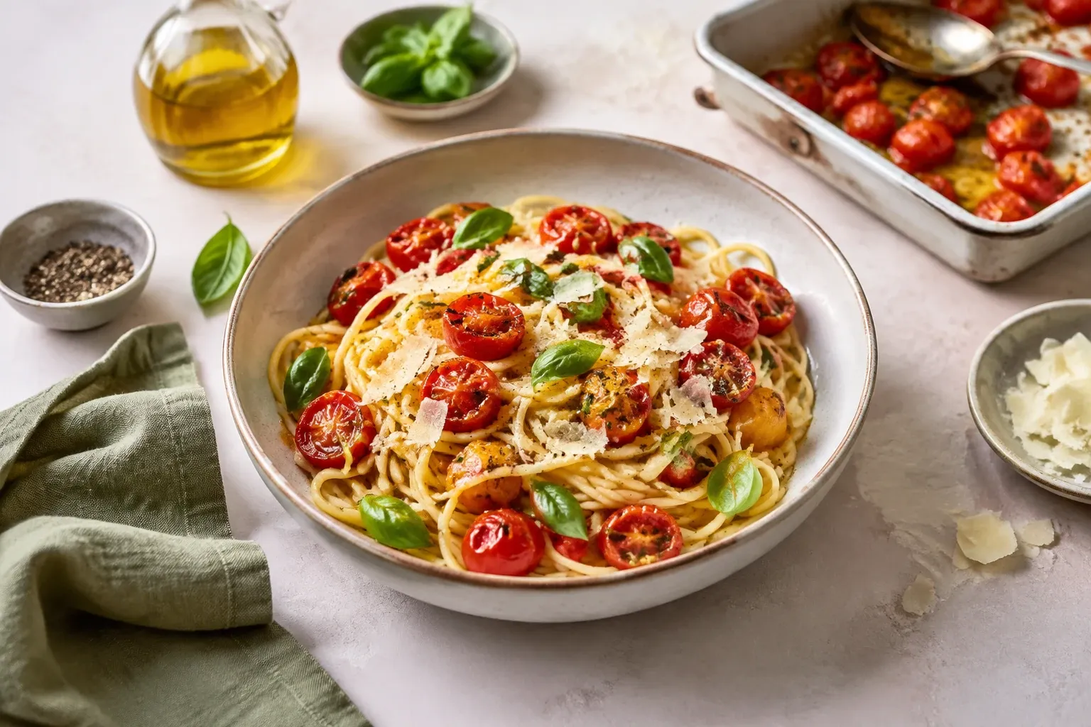 Spaghetti met geroosterde cherrytomaten, basilicum, olijfolie en Parmezaanse kaas