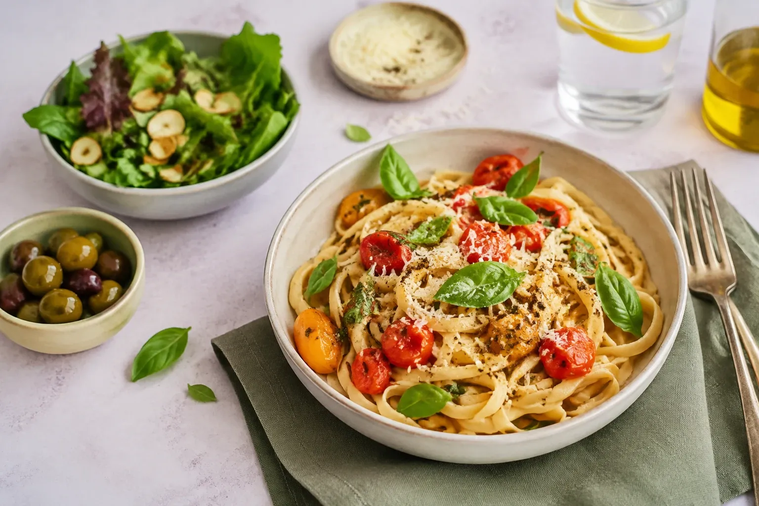 Bord tagliatelle met cherrytomaten, basilicum, geraspte kaas en groene salade naastop