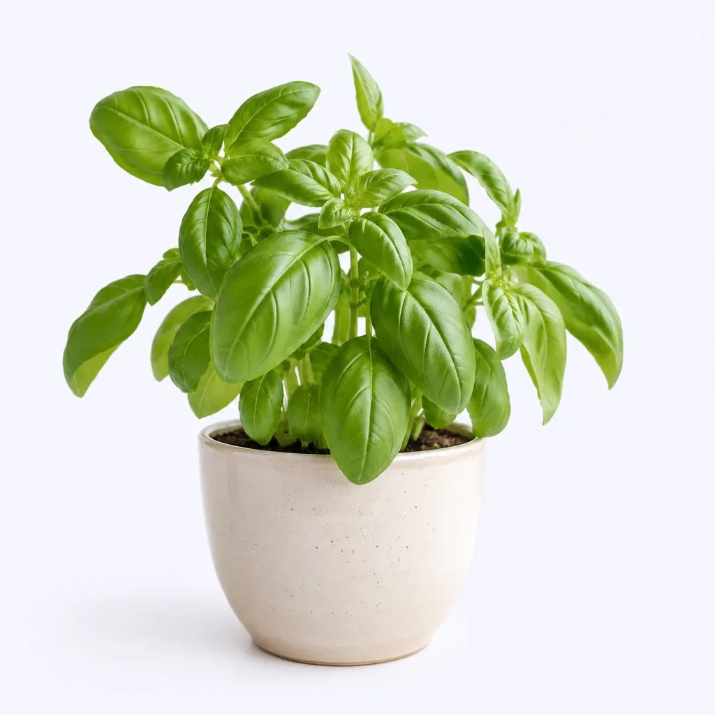 Kleine levende basilicumplant in crème keramische pot op effen lichte achtergrond