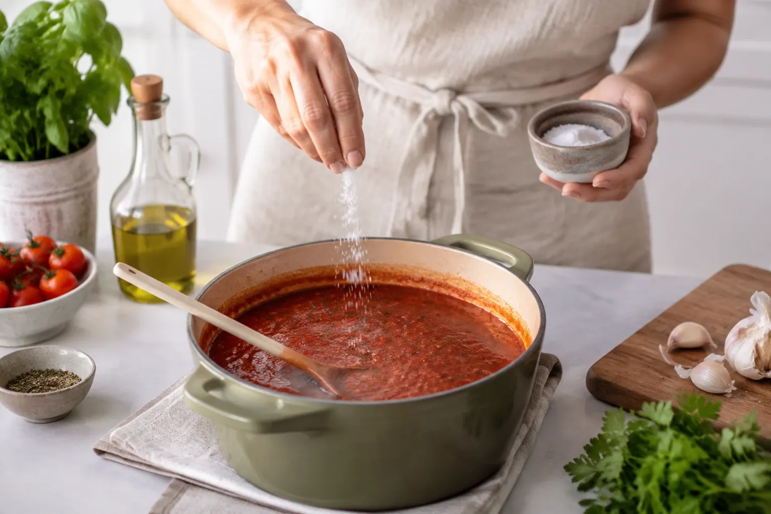 Hand strooit zout boven pan met tomatensaus op keukentafel