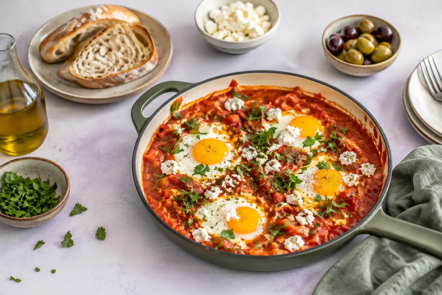 Pan shakshuka met vier eieren, tomatensaus, feta en verse koriander, brood en olijven naast het pannetje