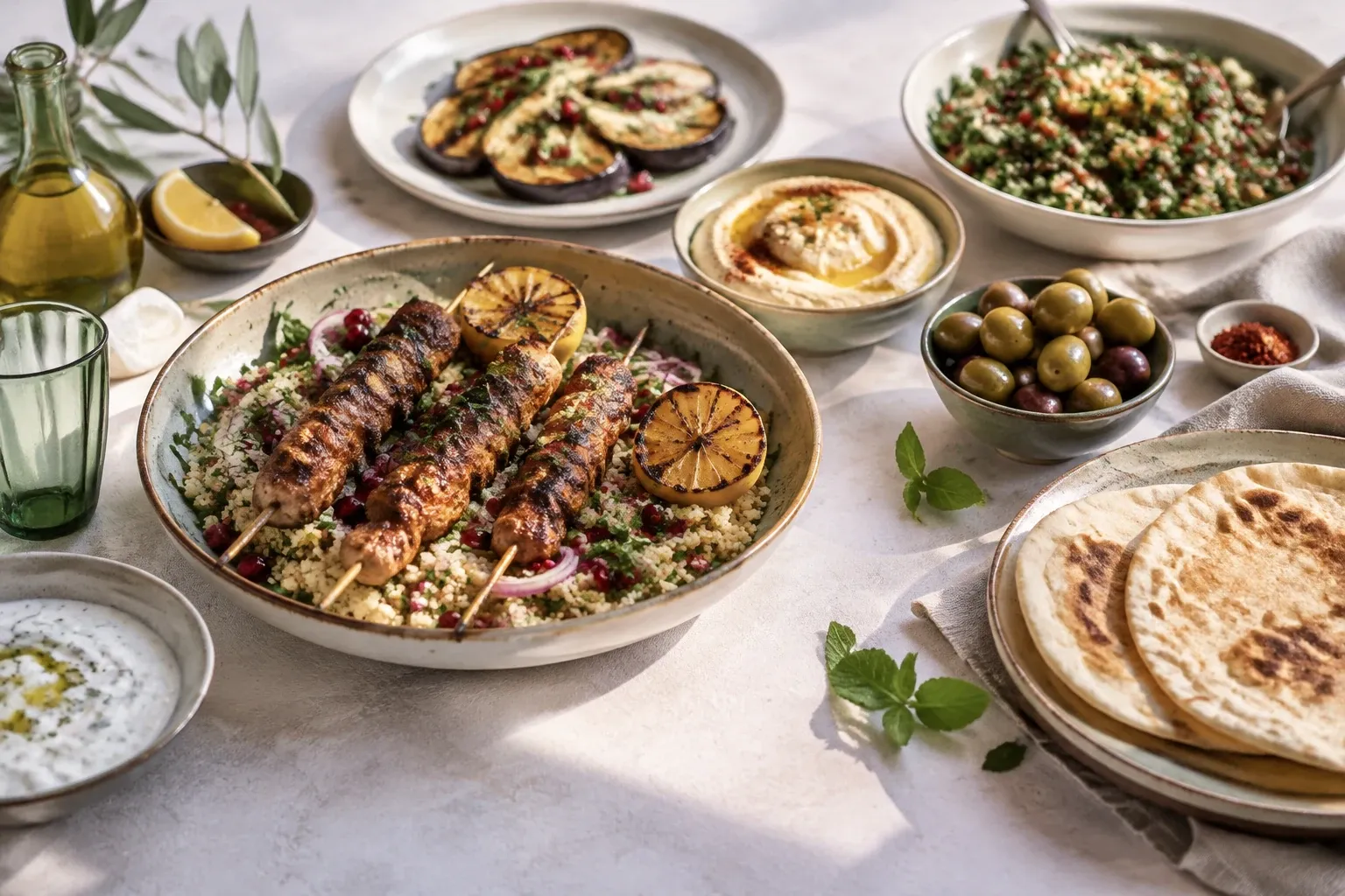 Spiezen met kip op couscous, gegrilde citroen, hummus, pitabrood en olijven
